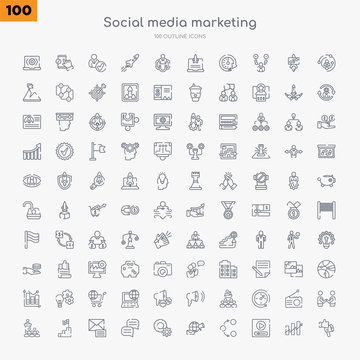 100 social media marketing outline icons set such as ads, video player, photo share, marketing, options, feedback, message, success