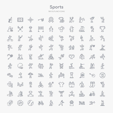 100 sports outline icons set such as sprained ankle, waterpolo, bullseye, stretching, skiing down hill, racing bike, baseball ball, basketball ball with line