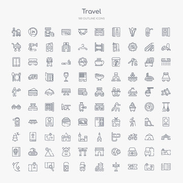 100 travel outline icons set such as brochure, bus ticket, control tower, waterpark, secure briefcase, sleeping, unfolded map, unfolded map with location mark