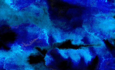 Deep dark glowing blue neon watercolor on black paper illustration. Creative lightning night sky and thunder background. Aquarelle painted ink canvas, cosmic card template for modern design