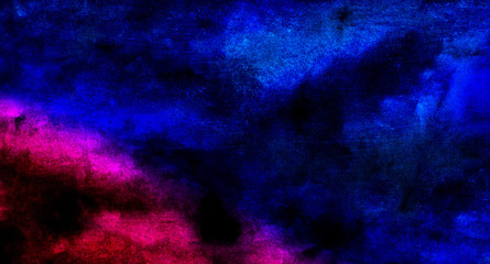 Vivid ink textured blue, pink and purple color canvas for modern design. Aquarelle smeared abstract cosmic bright vintage dark watercolour illustration. Neon watercolor on black paper background