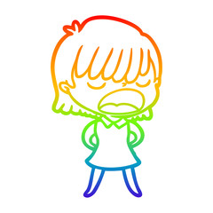 rainbow gradient line drawing cartoon woman talking loudly