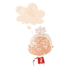 cartoon old lady and thought bubble in retro textured style