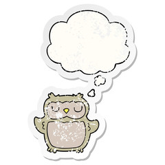 cartoon owl and thought bubble as a distressed worn sticker
