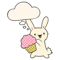 cute cartoon rabbit with muffin and thought bubble in comic book style