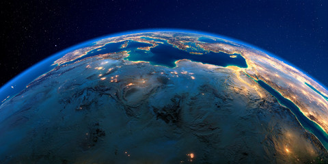 Detailed Earth at night. North Africa. Libya and the Mediterranean Sea