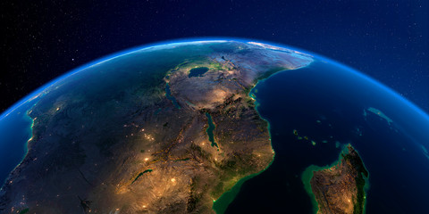 Detailed Earth at night. East Africa. Mozambique, Tanzania, Kenya