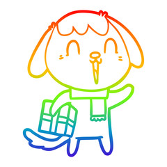 rainbow gradient line drawing cute cartoon dog with christmas present