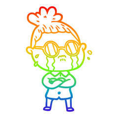 rainbow gradient line drawing cartoon crying woman wearing spectacles