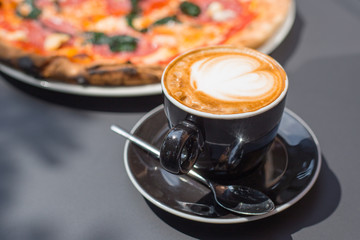 Pizza with coffee cup for restaurant, cafe and etc. Delicious food.