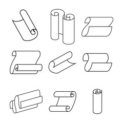 Outline curved paper sheets scroll and roll icons set