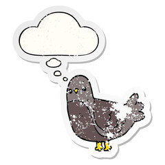 cartoon bird and thought bubble as a distressed worn sticker