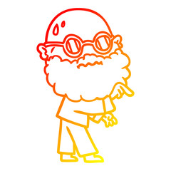 warm gradient line drawing cartoon worried man with beard and spectacles pointing finger