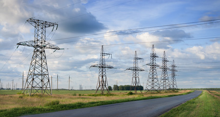 Electricity pylons and lines.