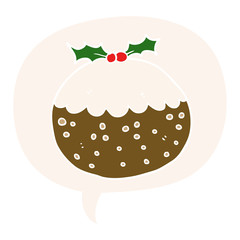 cartoon christmas pudding and speech bubble in retro style