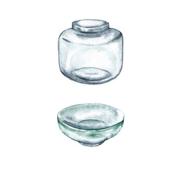 Two glass objects, cup and  jar.
