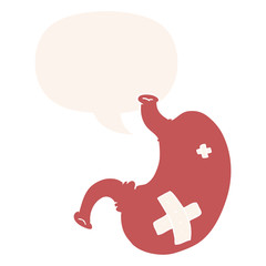 cartoon stomach and speech bubble in retro style