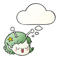 cartoon alien space girl face and thought bubble in smooth gradient style