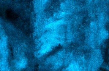 Deep dark glowing blue neon watercolor on black paper illustration. Creative lightning night sky and thunder background. Aquarelle painted ink canvas, cosmic card template for modern design