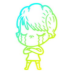 cold gradient line drawing cartoon woman crying