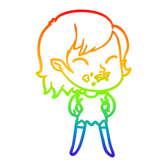 rainbow gradient line drawing cartoon vampire girl with blood on cheek