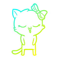 cold gradient line drawing cartoon cat with bow on head