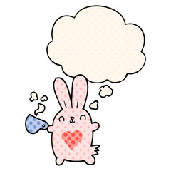 cute cartoon rabbit with love heart and coffee cup and thought bubble in comic book style