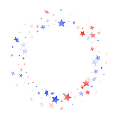 Flying red blue white star sparkles on white vector american patriotic background.
