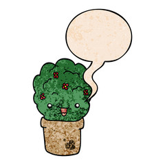 cartoon shrub in pot and speech bubble in retro texture style