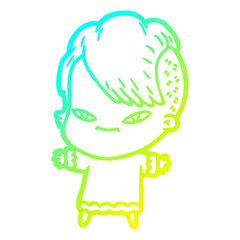 cold gradient line drawing cute cartoon girl with hipster haircut