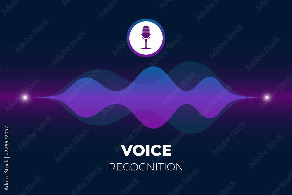 Poster personal assistant and voice recognition concept. microphone button with bright gradient sound waves