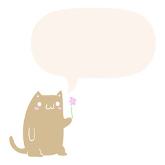 cute cartoon cat and flower and speech bubble in retro style