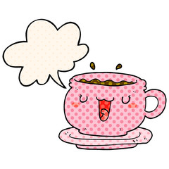 cute cartoon cup and saucer and speech bubble in comic book style
