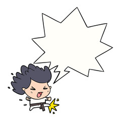 cute cartoon kicking karate champion and speech bubble