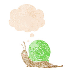 cartoon snail and thought bubble in retro textured style