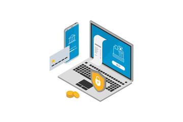 Safe and easy e-payments online purchase on smartphone using financial app. Payment being processed using bank card internet transaction protection. Isometric 3d vector illustration