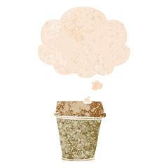 cartoon take out coffee and thought bubble in retro textured style