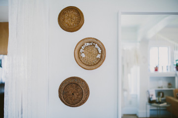 baskets hanging on wall as decor