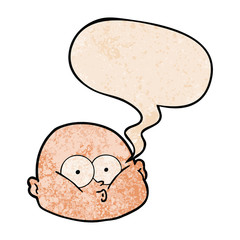 cartoon curious bald man and speech bubble in retro texture style