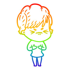 rainbow gradient line drawing cartoon frustrated woman