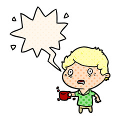 cartoon man jittery from drinking too much coffee and speech bubble in comic book style
