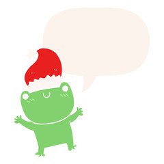cute cartoon frog wearing christmas hat and speech bubble in retro style