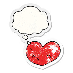 cartoon love heart and thought bubble as a distressed worn sticker