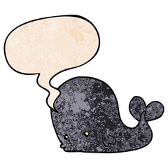 cartoon whale and speech bubble in retro texture style