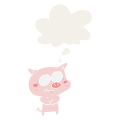 cartoon nervous pig and thought bubble in retro style