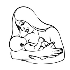 Mother and child. Hand-drawn, black and white sketch on the theme of motherhood and childhood on a white background.