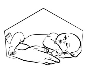 Baby in the arms of his parent. Hand-drawn, black and white sketch depicting the hands of a parent carefully and carefully holding the baby.