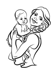 Mother with a baby in her arms. Hand-drawn, black and white sketch depicting a happy mother holding a baby in her arms on a white background.