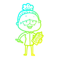cold gradient line drawing cartoon happy old lady