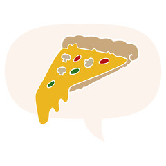 cartoon pizza slice and speech bubble in retro style